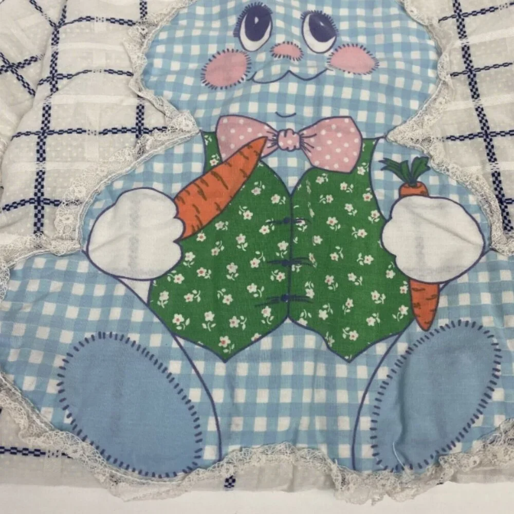 Vintage Baby Blanket Bunny Rabblit Patchwork Double Sided Front Back 44x28 Plaid